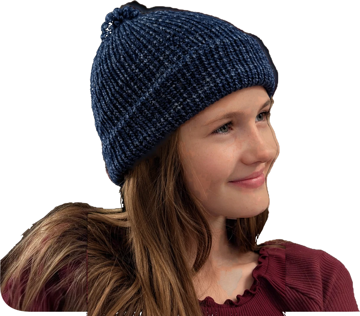 Ribbed knit beanie with a pom-pom in Blue Jean, a denim blue