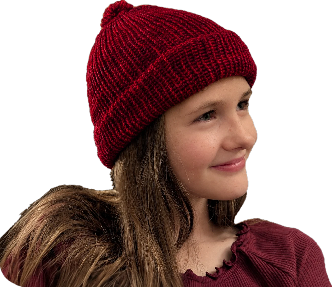 Ribbed knit beanie with a pom-pom in Cereza, a deep cherry red