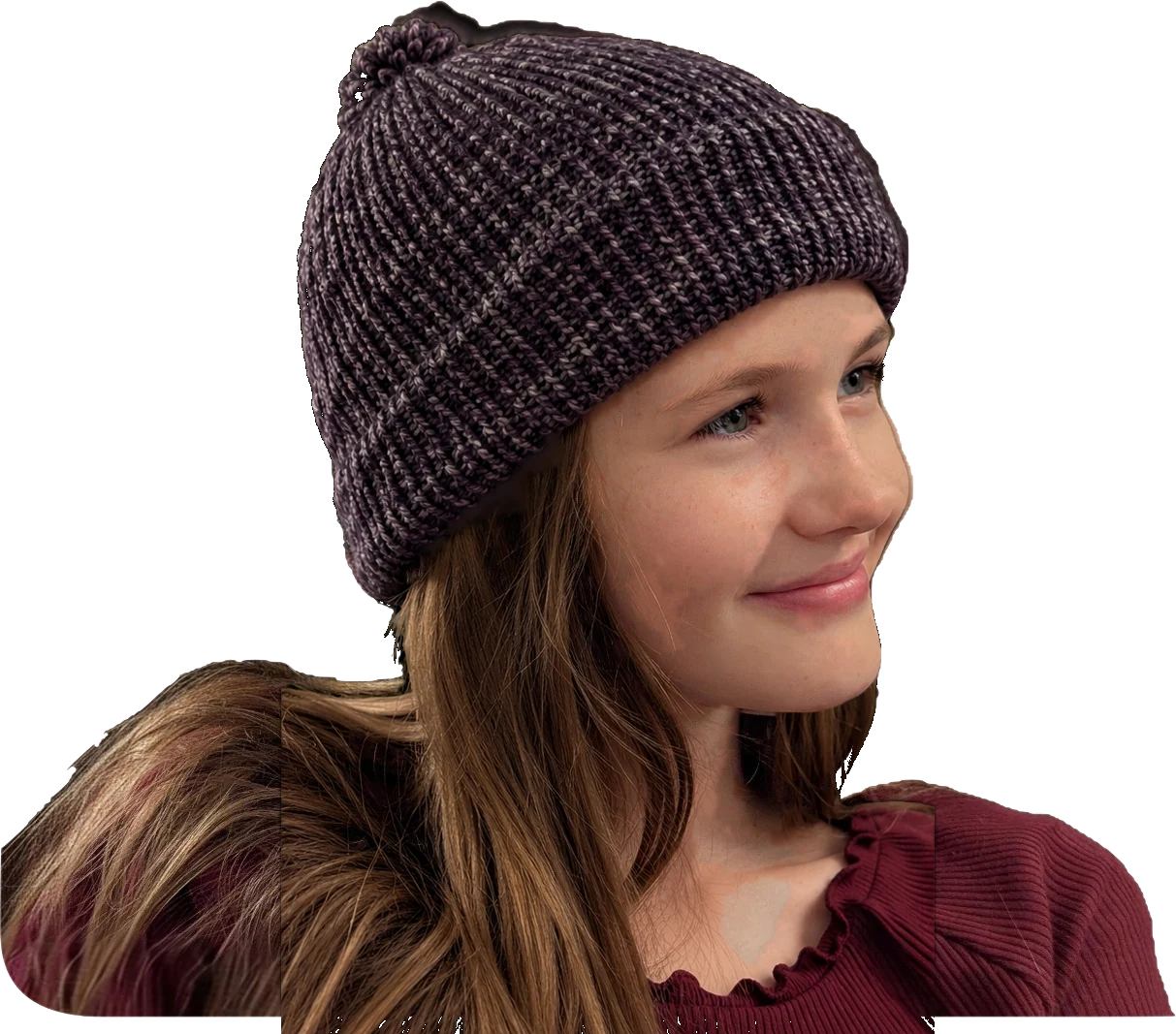 Ribbed knit beanie with a pom-pom in Cloud Sunshine, a soft gray-mauve