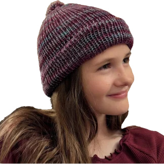 Ribbed knit beanie with a pom-pom in Lotus, a speckled burgundy and blue-gray