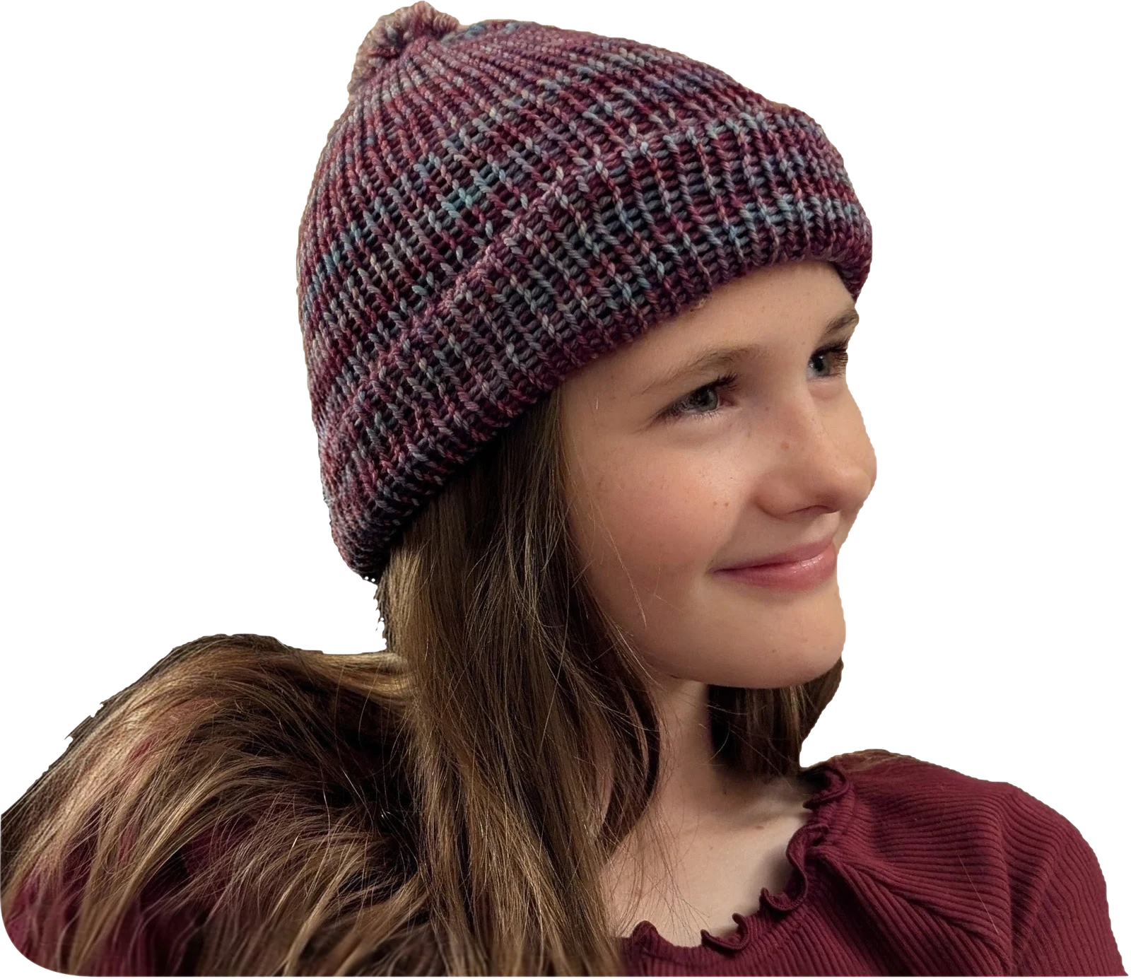 Ribbed knit beanie with a pom-pom in Lotus, a speckled burgundy and blue-gray