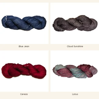 Four skeins of merino wool yarn for the Earwarmer Headband: Blue Jean, Cloud Sunshine, Cereza and Lotus